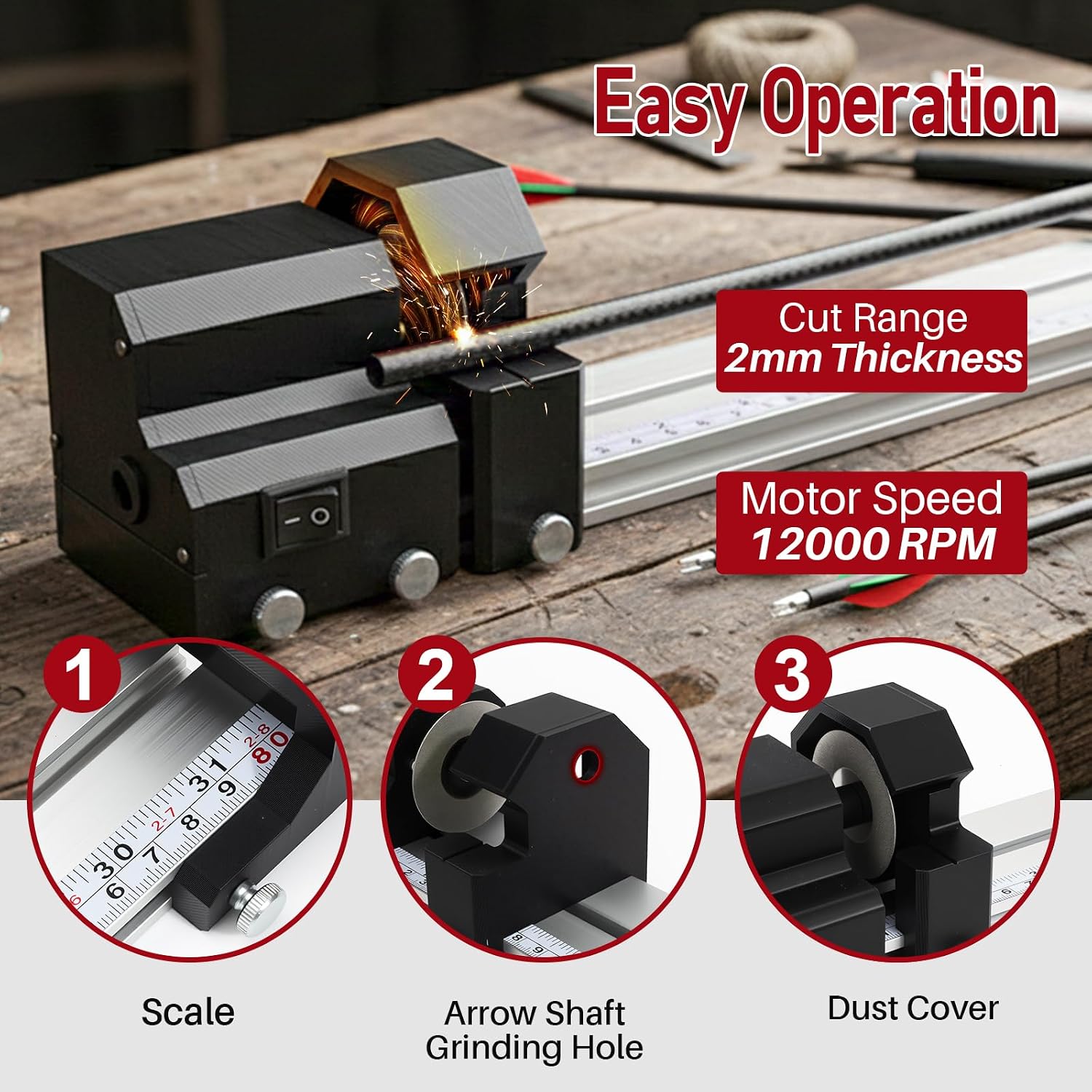 3-in-1 Electric Arrow Cutter, Arrow Saw Arrow Spinner & Polisher with Calibration Ruler Dust Cover 2mm Thickness Measurement Range for Arrow Cutting Polishing & Straightness Test