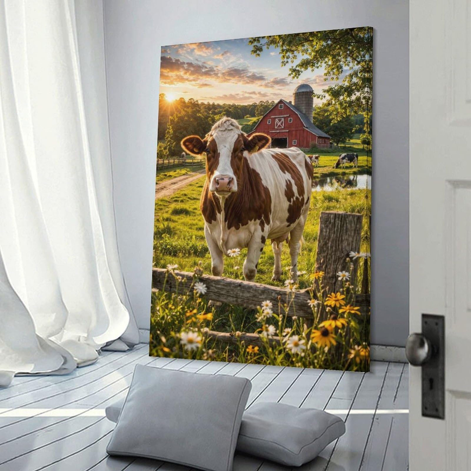 Junmoney Frame-Style-14 Cow In A Farm Field At Sunset Canvas Wall Decor, 08X12inch(20X30cm), For Wall Displays, Bedrooms Or Room Updates, Wall Decor Suited To Curated Displays