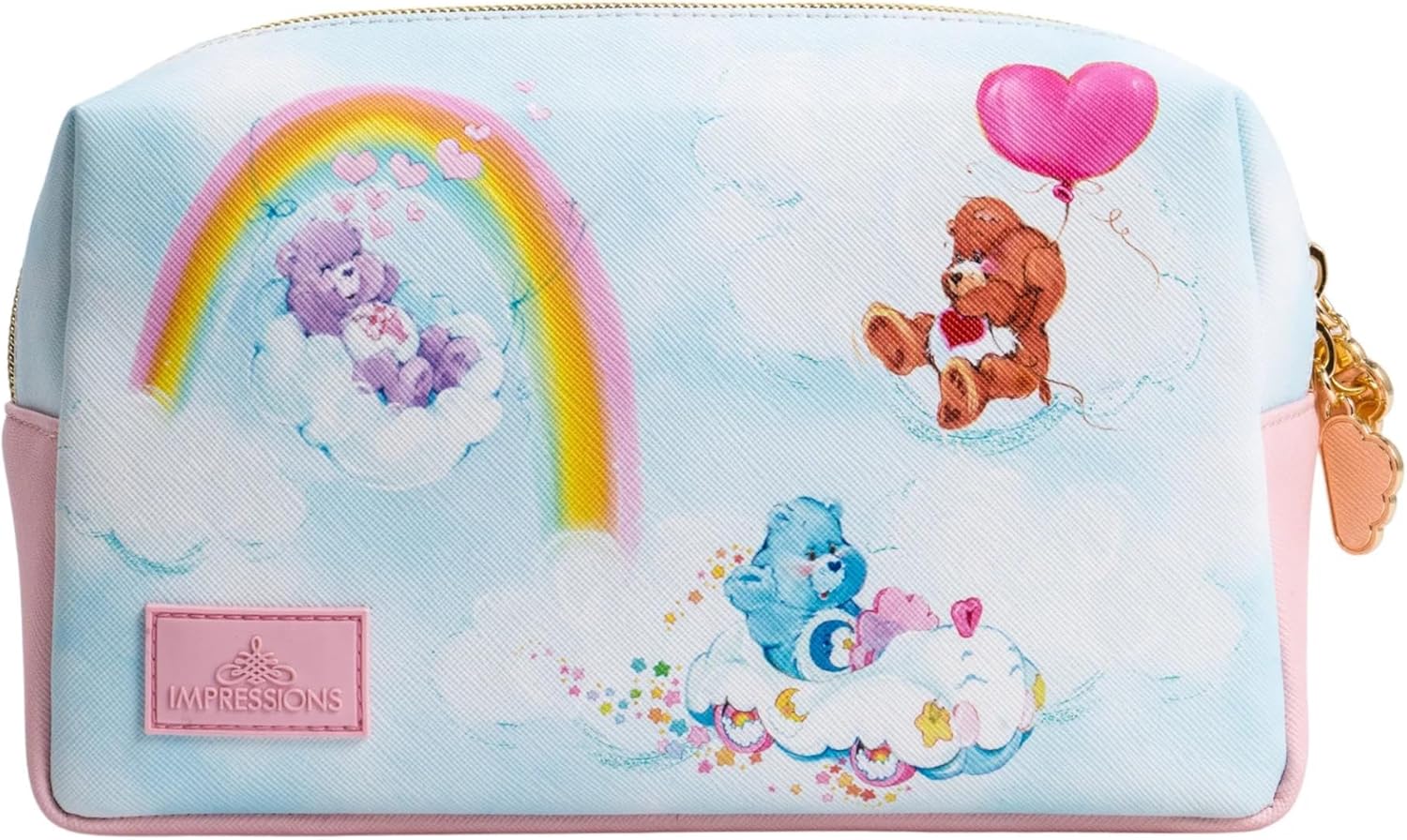 Impressions Vanity Care Bears Rainbow Makeup Cosmetic Pouch for purse, Travel Makeup Bag Organizer vibrant rainbow design with Care Bears Characters, Slip Pocket and Gold Hardware Zipper Pocket