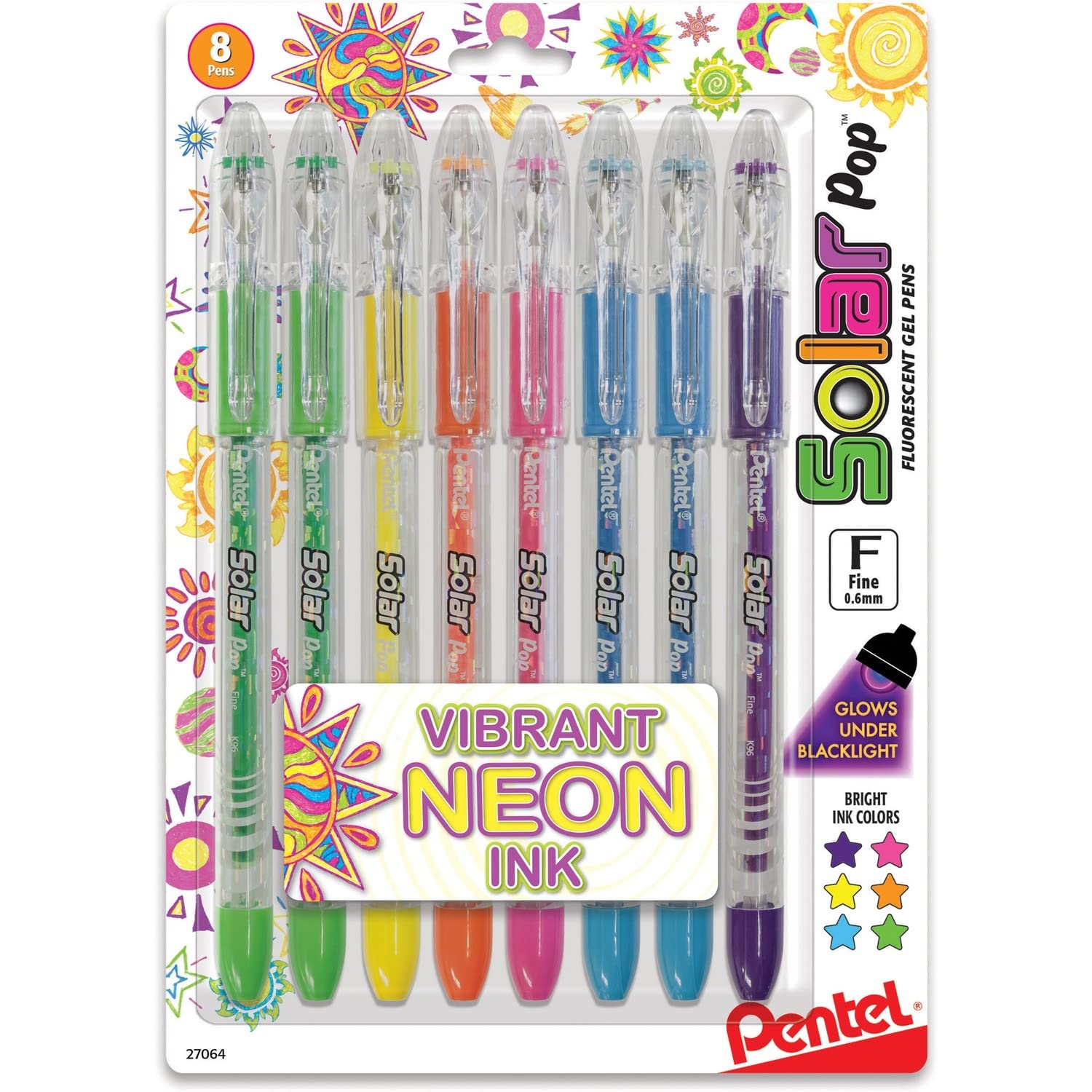 Pentel Solar Pop Neon Gel Pen, 0.6mm Fine Line, Assorted Colors, Pack of 8 (K96BP8M)