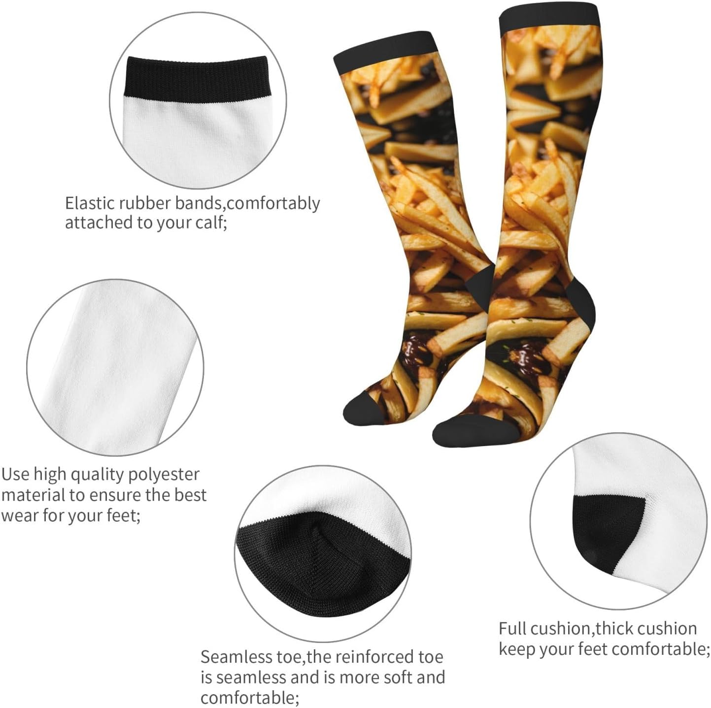 Fast Food Print Breathable Crew Neck Athletic High Socks,Suitable For Sports,Running,And Travel.
