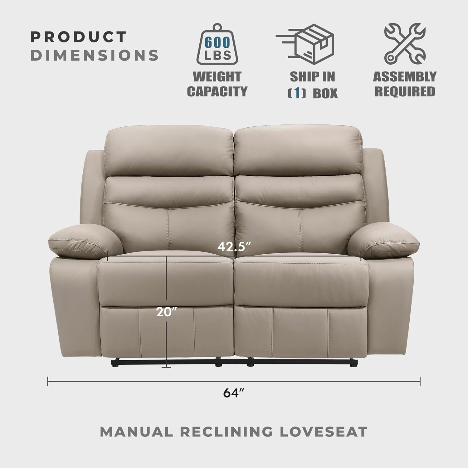 Lexicon 64" W Manual Reclining Loveseat, Top Grain Leather Match Reclining Love Seat, Home Theater Seating, Wall Hugger Recliner Couch, Manual Double Recliner RV Couch for Living Room, Latte