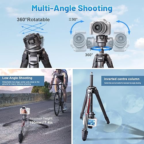 Miniatura 2 de COMAN - Trípode ligero para cámara de viaje, soporte compacto de fibra de carbono de 62.2 pulgadas, cabezal de bola de 360  desmontable con placa