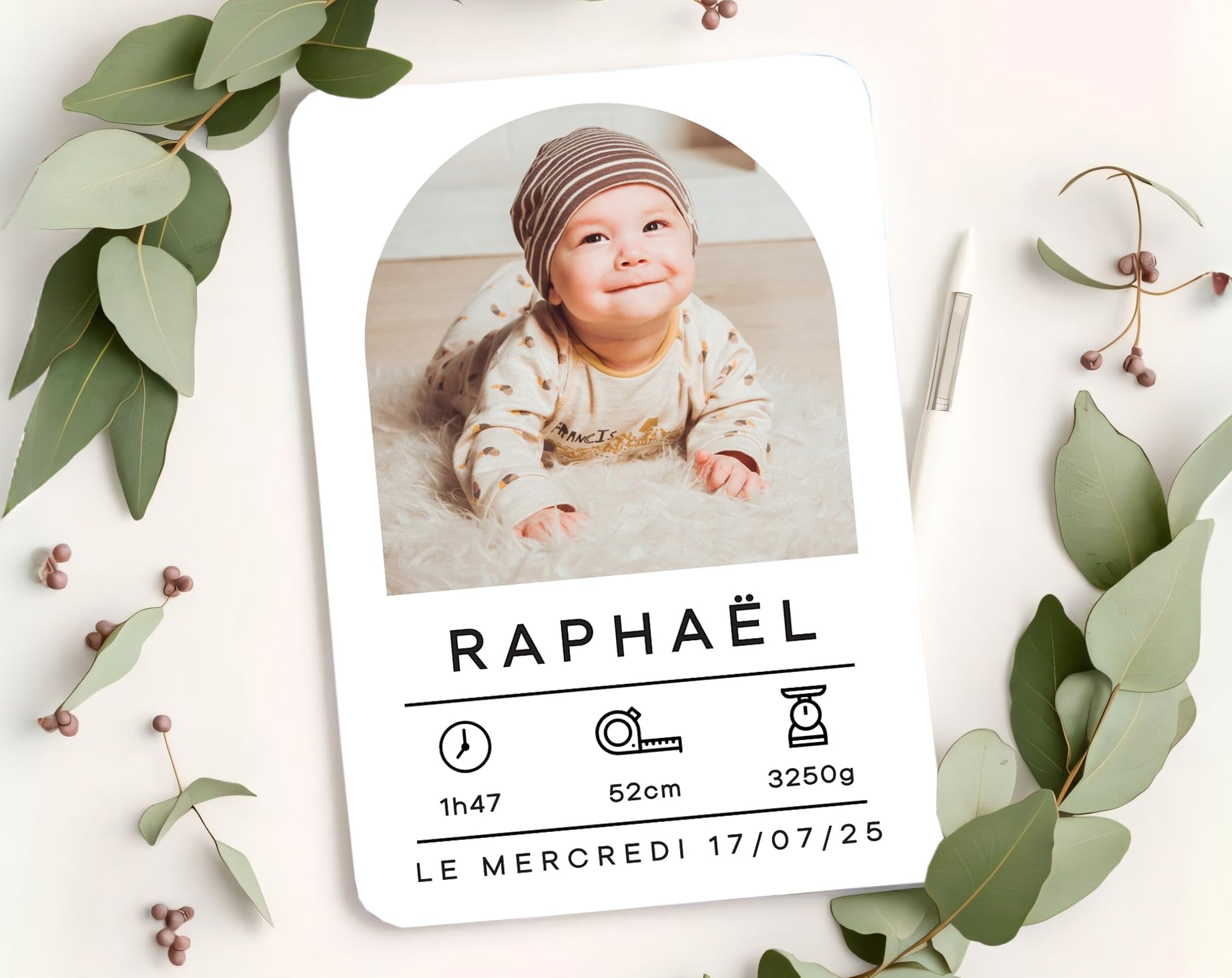 Générique Faire-part Naissance personnalisé – Carte bébé en A6 – Prénom, Taille, Heure et Poids Personnalisable avec Photo, Carte annonce naissance avec 10 Pcs 10,5x14,8cm