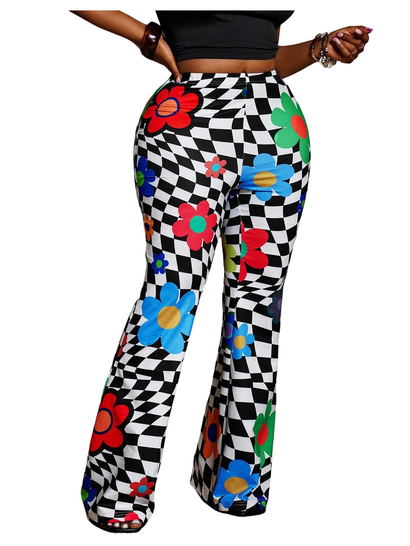 Floerns Womens Plus Size Floral Checkered Bell Bottom Pants Elastic Waist Flared Trousers