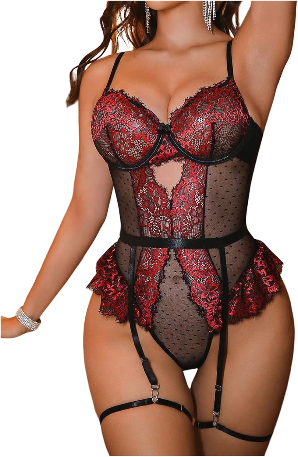SOLY HUX Women's 4 Piece Lace Garter Lingerie Sheer Underwire Teddy Bodysuit Nightwear - Image 2