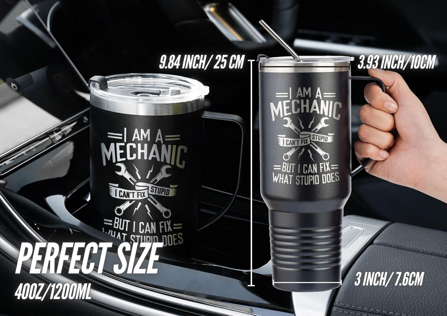 Onebttl Mechanic Gifts for Men, Gifts for Him, 40oz Tumbler with Handle and Straw, Insulated Coffee Mug with Lid, I Can't Fix What Stupid Does - Image 5