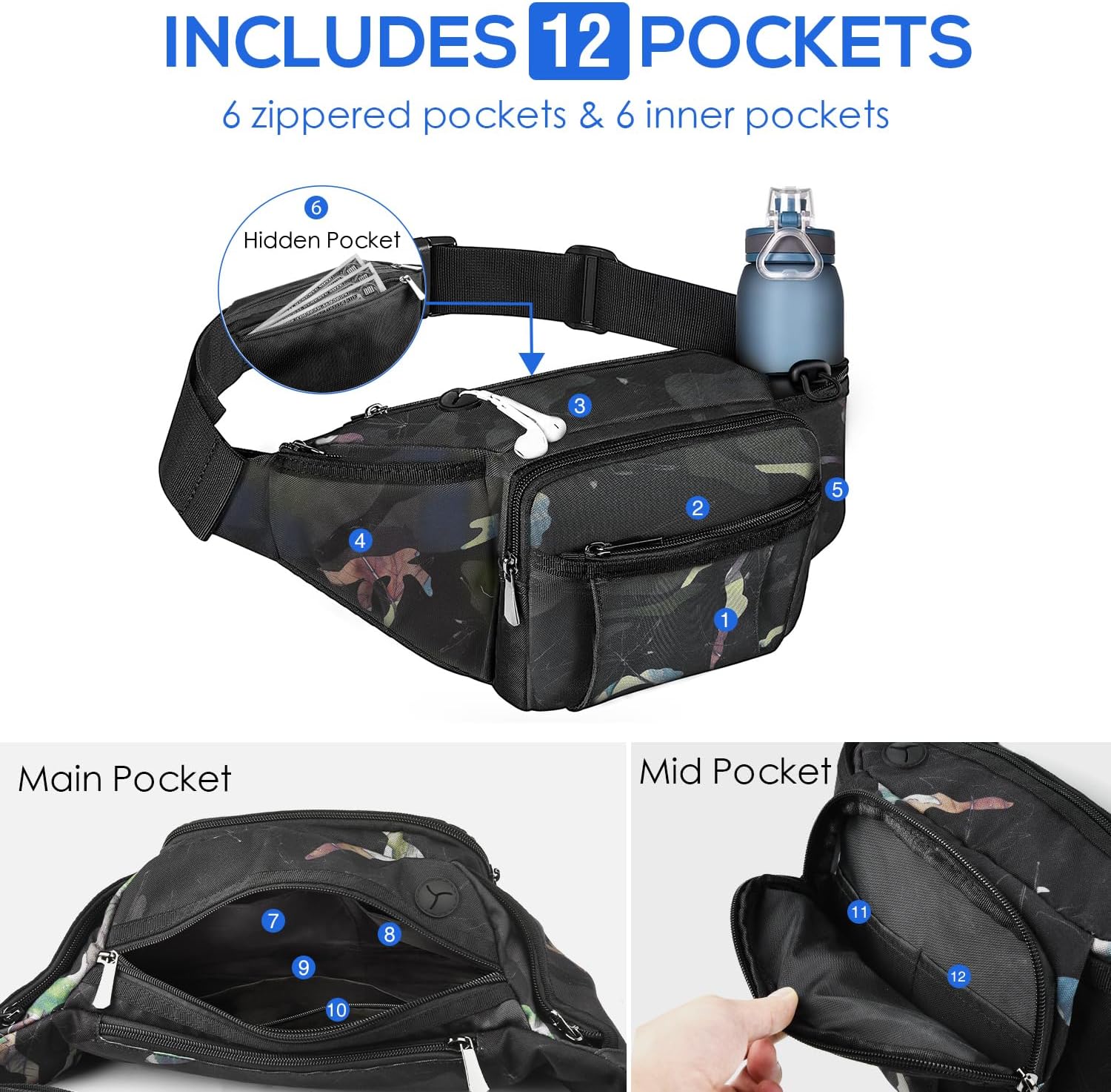 NOOLA Fanny Pack Waist Bag for Men Women, Lightweight Waist Pack with Water Bottle Holder, Adjustable Belt Bag with Multi-Pockets for Hiking, Dog Walking, Outdoor, Cycling, Running, Travel, Floral - Image 5