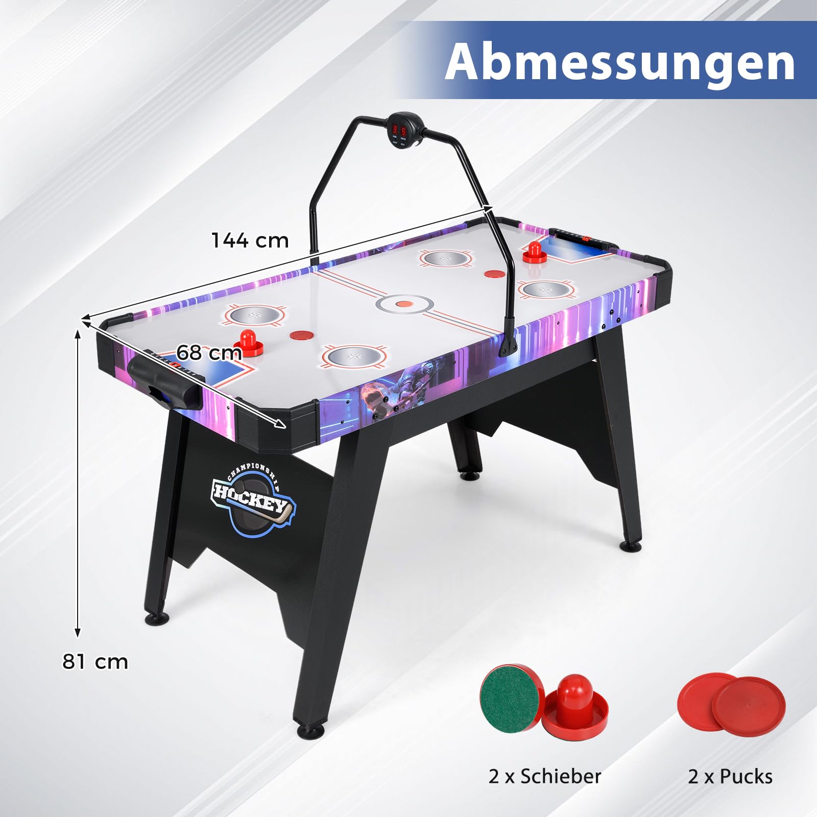 DREAMADE 144cm Airhockey Tisch, Air Hockey Spieltisch mit Luft & LED-Anzeigetafel, Spieltisch mit 2 Pucks & 2 Pusher & verstellbaren Fußpolstern, Airhockeytisch für Spielzimmer, Zuhause & Büro