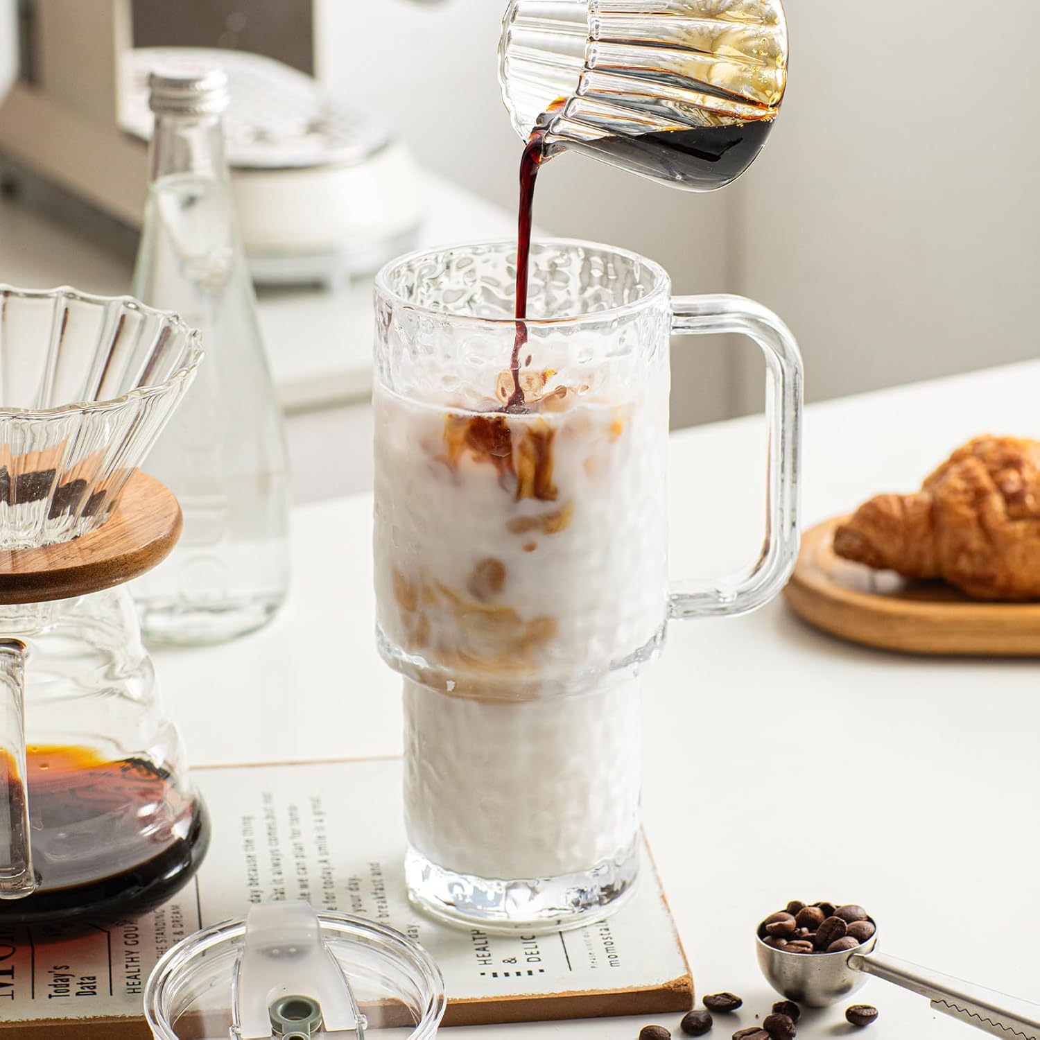 INSETLAN 26oz Water Ripple Glass Tumbler with Handle and Lid, Set of 2 – Reusable Iced Coffee Cups with Lids, Clear Glass Cups with Straw for Coffee, Smoothies, Tea, Juice – Perfect for any Occasion - Image 4