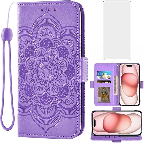 Asuwish Funda compatible con iPhone 15 de 6.1 pulgadas y protector de pantalla de vidrio templado, soporte para tarjeta de crédito, soporte para
