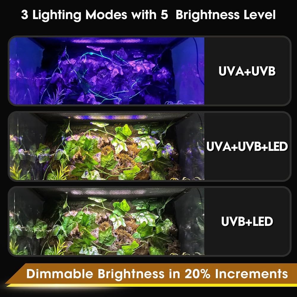 Lampada UVB per Rettili, Lampada UVA UVB da 12 Pollici 12W con Timer 4H/8H/12H, 3 modalità, 5 Livelli di Luminosità, Spina EU.