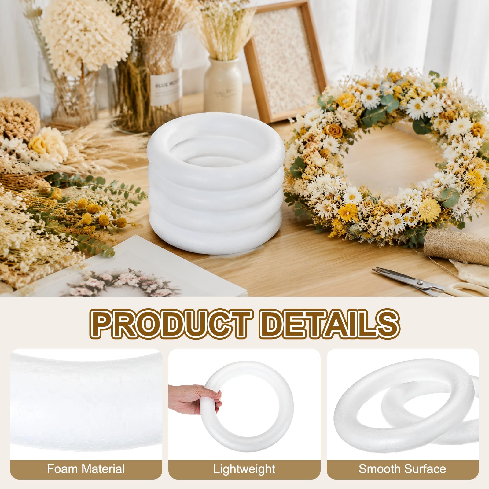 MECCANIXITY Lot de 2 couronnes en mousse Blanc 25 cm / 9.84in | Couronne ronde en mousse légère en polystyrène pour mariage, maison, projets floraux, loisirs créatifs, décoration de Noël
