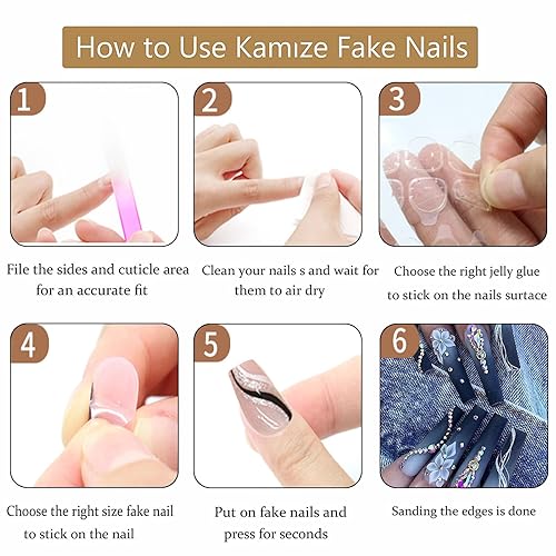 Miniatura 4 de Uñas postizas largas a presión en forma de ataúd azul oscuro degradado con diseño de diamantes de flores blancas, uñas postizas acrílicas