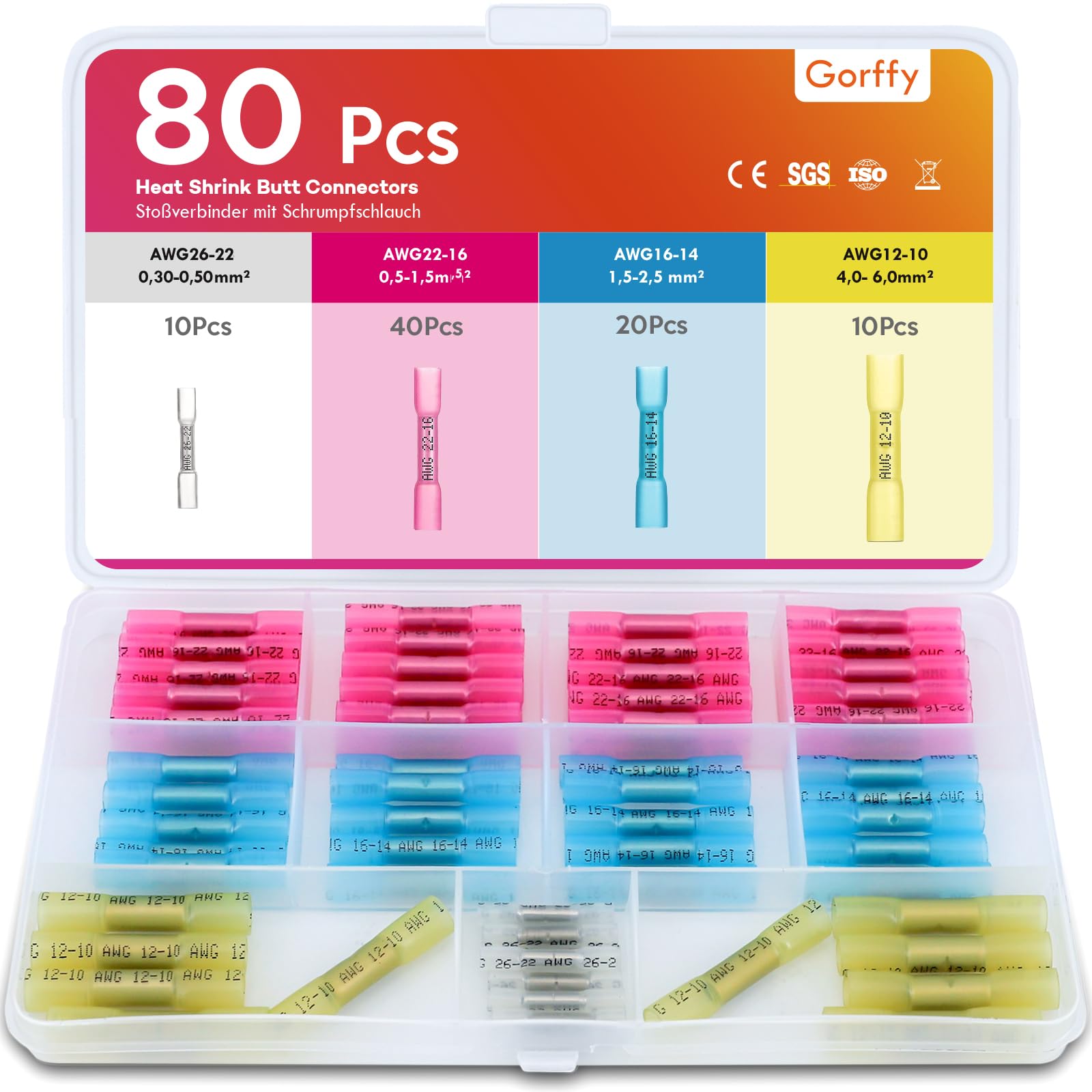 Gorffy Stoßverbinder 220 Stück, 26-10 AWG Schrumpfverbinder Wasserdicht, Kabelschuhe Quetschverbinder Set, Stossverbinder mit Schrumpfschlauch, Kabelverbinder Wasserdicht, Rot/Blau/Gelb/Weiß