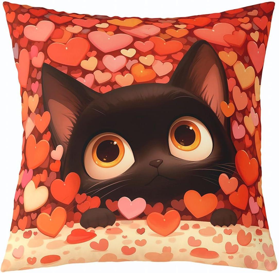 Homewish Cute Black Cat Throw Pillow Covers (Pack of 1),Red Love Heart Print Cushion Cover for Girls Boys Woman Cartoon Pet Animals Pillow Cases Lovely Kitten Living Room Sofa Bed Decor,16" Lx16 W