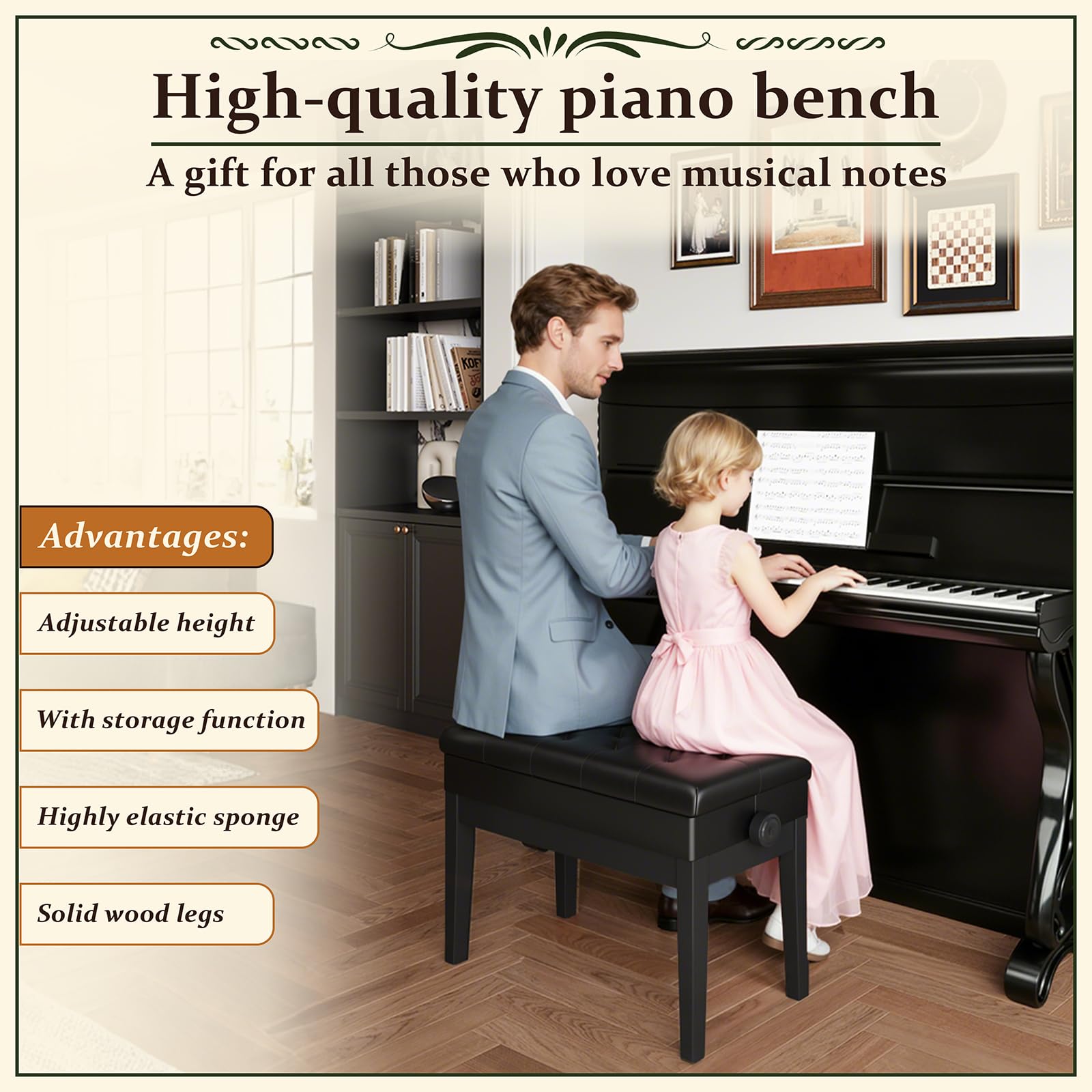 Clevich Sgabello per pianoforte, regolabile in altezza, 48 – 58 cm, con vano portaoggetti, panca per pianoforte con cuscino in pelle PU, sedia per pianoforte, resistente, portata fino a 200 kg, nero