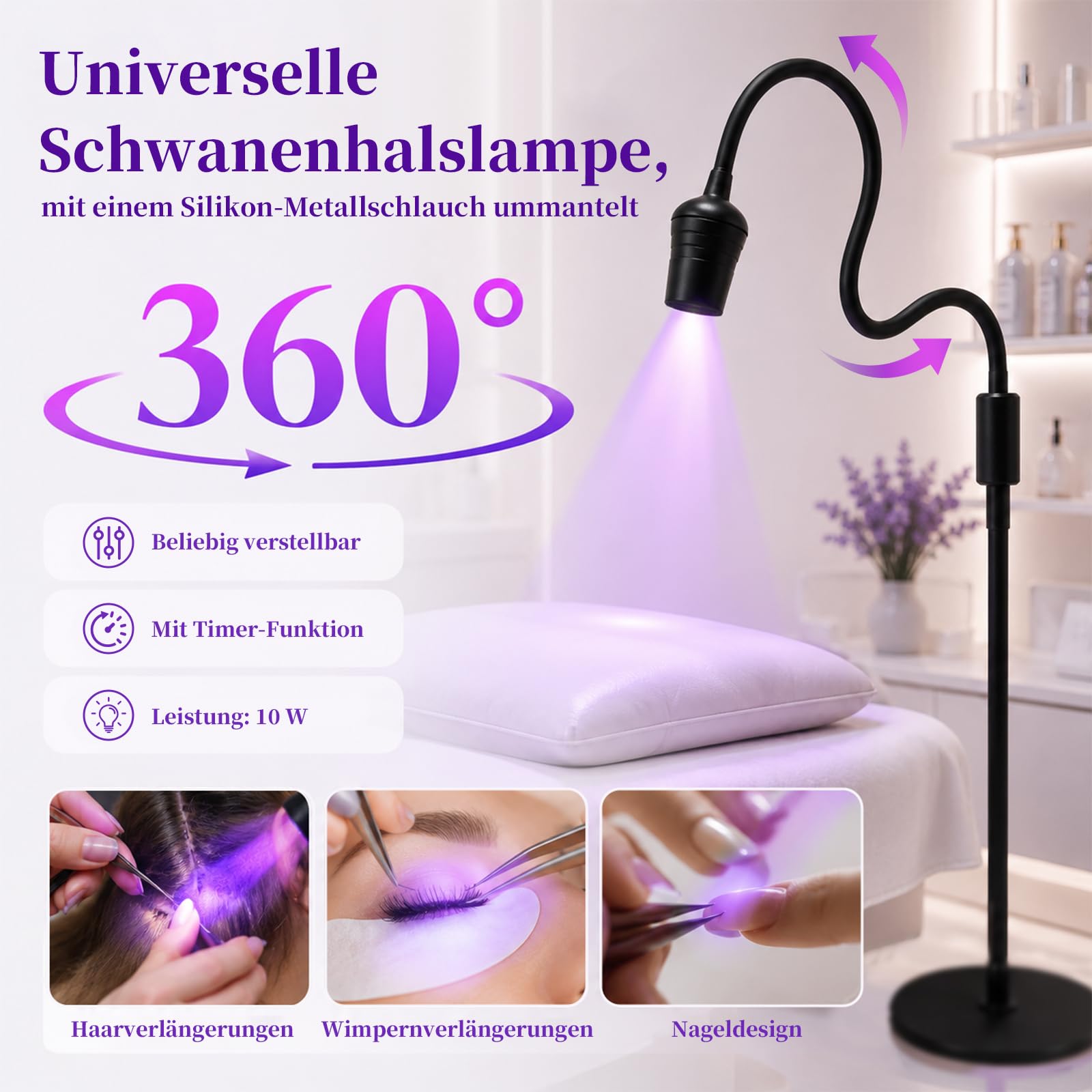 UV Wimpern Lampe, 10W LED-UV-Licht für Lichthärtenden Anwendungen, Schwanenhals Wimpernlicht, 1-3 Sekunden Schnelle Aushärtung, UV LED Lampe für Wimpernverlängerung mit Fußschalter