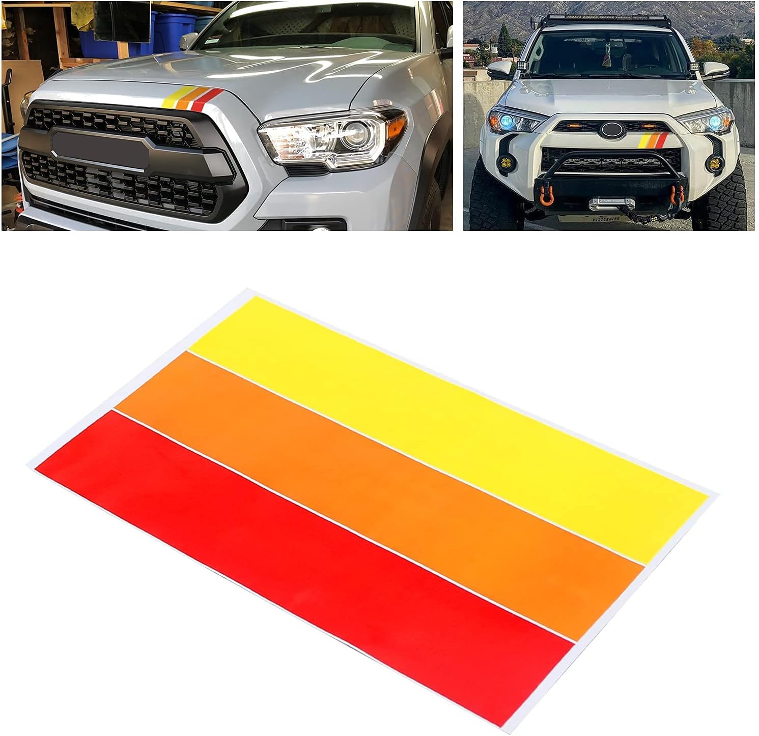 2 Pcs Classic Retro Tri-Color Stripe Decal Sticker for Toyota Tacoma 4Runner Tundra Rav4 Accessories, Grille Fender Hood Side Skirt Bumper Side Mirror Dashboard Decoration (Red/Orange/Yellow)