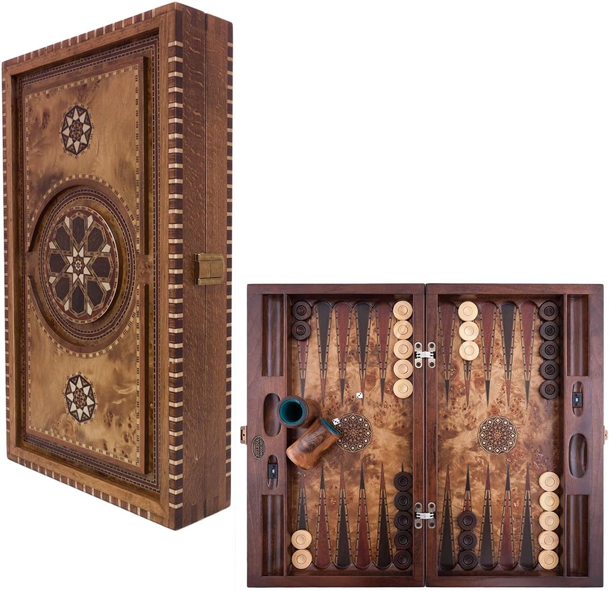 Chess and games shop Muba Backgammon Set Avalon Mosaic and Carved Design Art - Foldable Board - Classic Board Game - Size 20,5 Inch