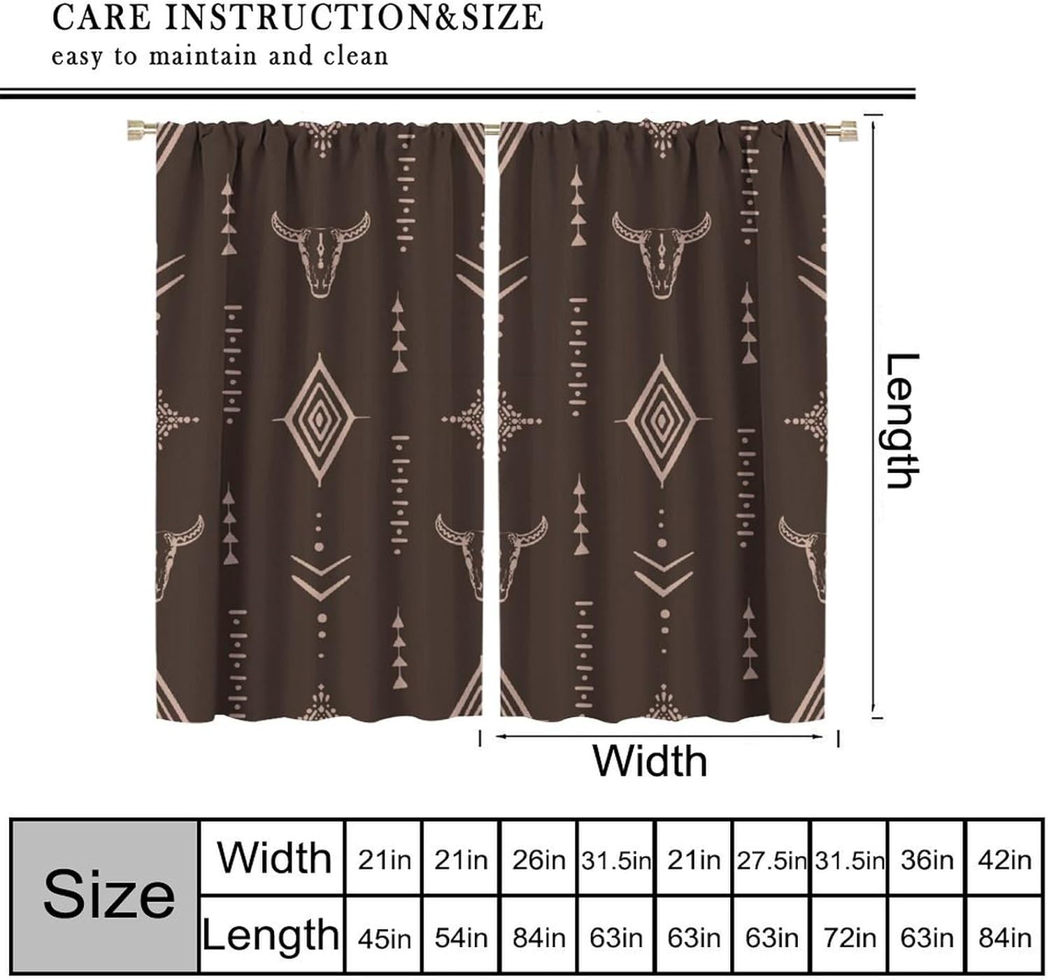 Western Cowboy Blackout Curtains, Boho Southwest Tribal Ethnic Farmhouse Rural County Rustic Retro Bull Skull Art Window Drapes, for Living Room Bedroom 21(W)*45(L) 2 Panels