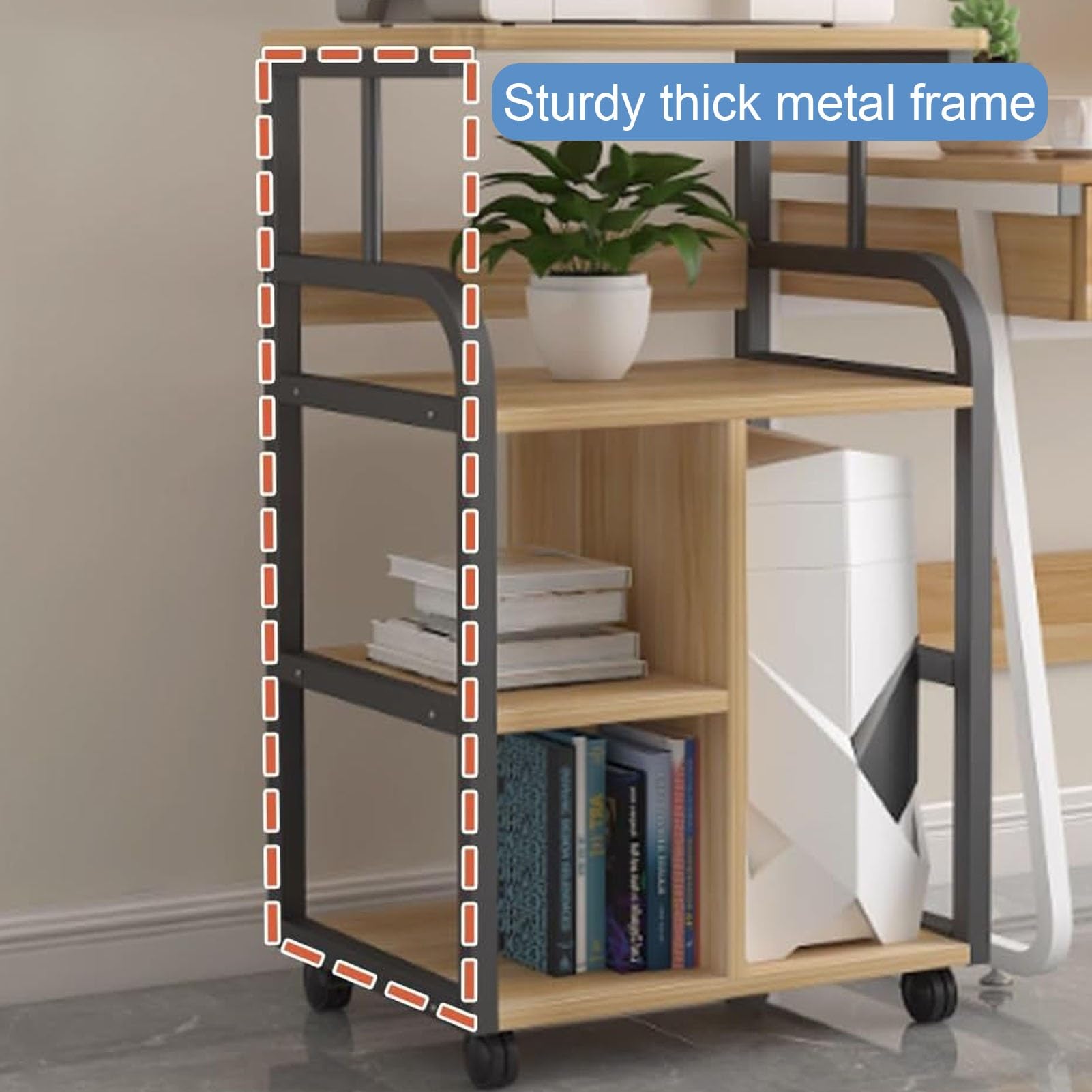 Soporte para impresora de 4 niveles con estante de almacenamiento, carrito móvil resistente para suministros de oficina, fax, escáner, archivos y organización de libros