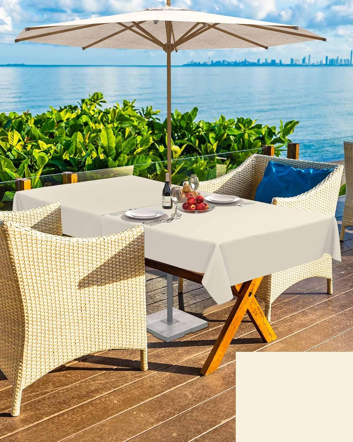 Cream Outdoor Tablecloth with Umbrella Hole & Zipper, Modern Pure Beige Rectangle Tablecloth 60x120 Inch, Patio Table Cover Waterproof Table Cloth for Picnic/Party