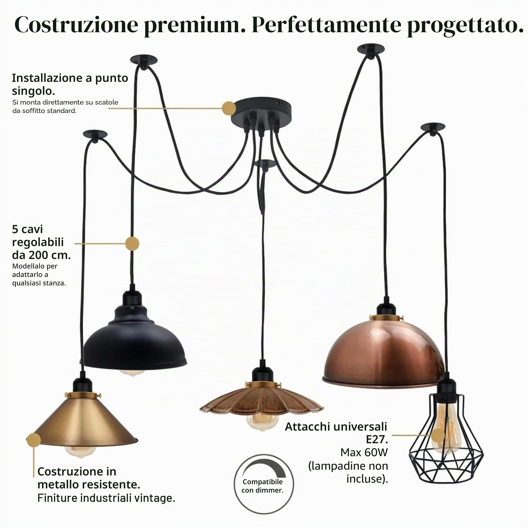 LEDSone Lampadario a sospensione industriale a 5 luci con attacco E27, paralume multiplo, fai da te, lampadario a soffitto Sputnik, per soppalco, soggiorno, camera da letto, corridoio