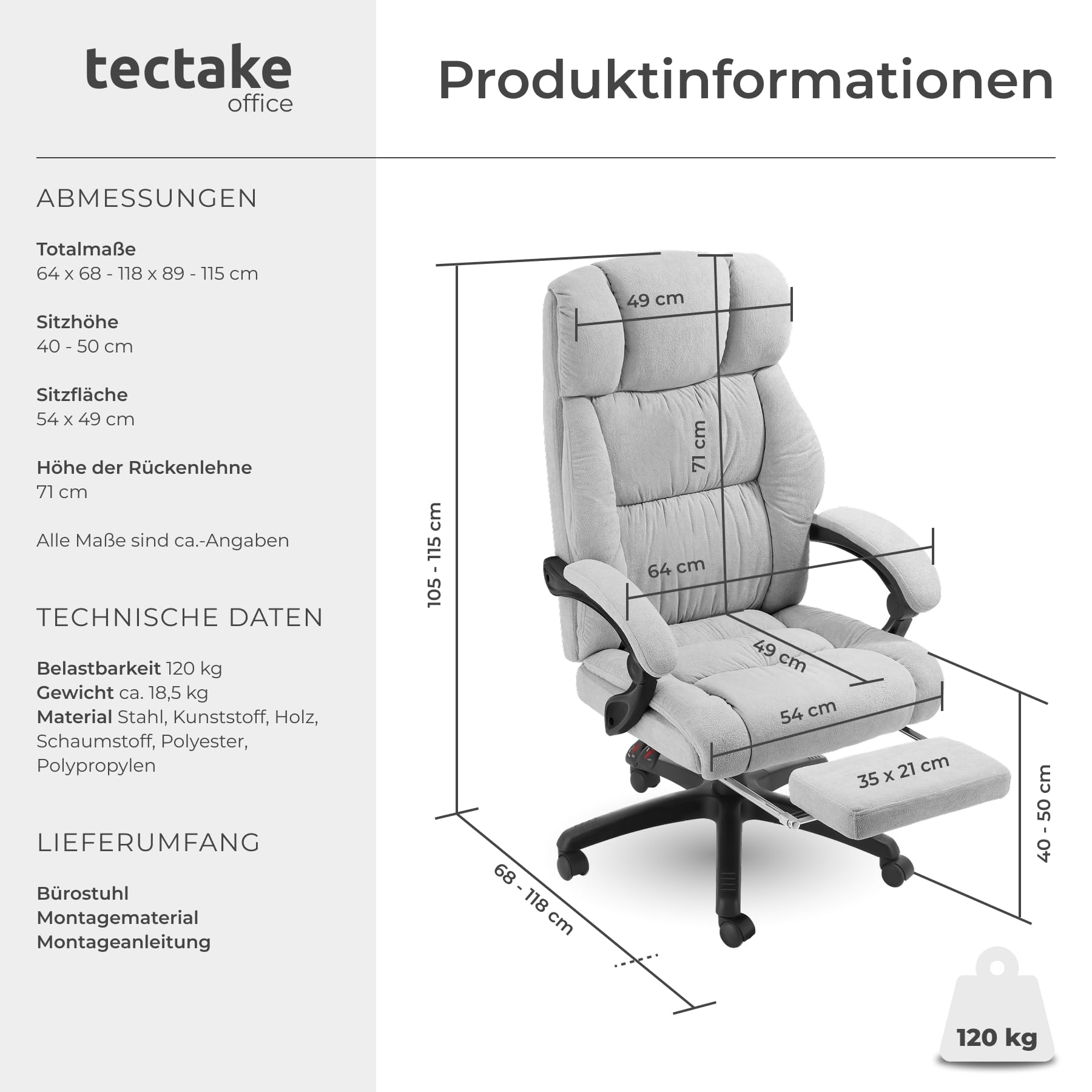 tectake® Bürostuhl ergonomisch, Velour Drehstuhl, Bürostuhl mit Fußstütze, Chefsessel Schreibtischstuhl, Sessel, Gaming Stuhl, Office Chair Ergonomic, Gaming Chair - grau