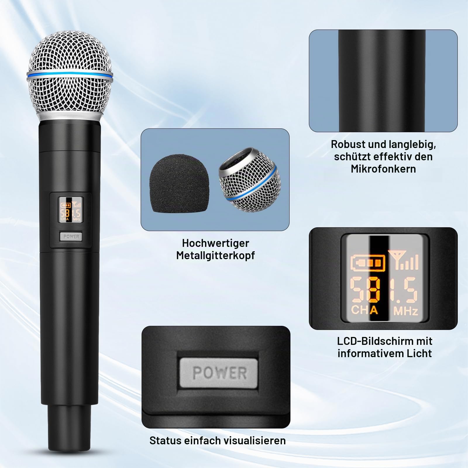 Depusheng R4-Pro Karaoke-Funkmikrofone, professionelles 4-Kanal-Handmikrofonsystem, dynamisches Metallmikrofon für Karaoke-Gesang, Kirche, Meetings, Partys, DJ, Hochzeit