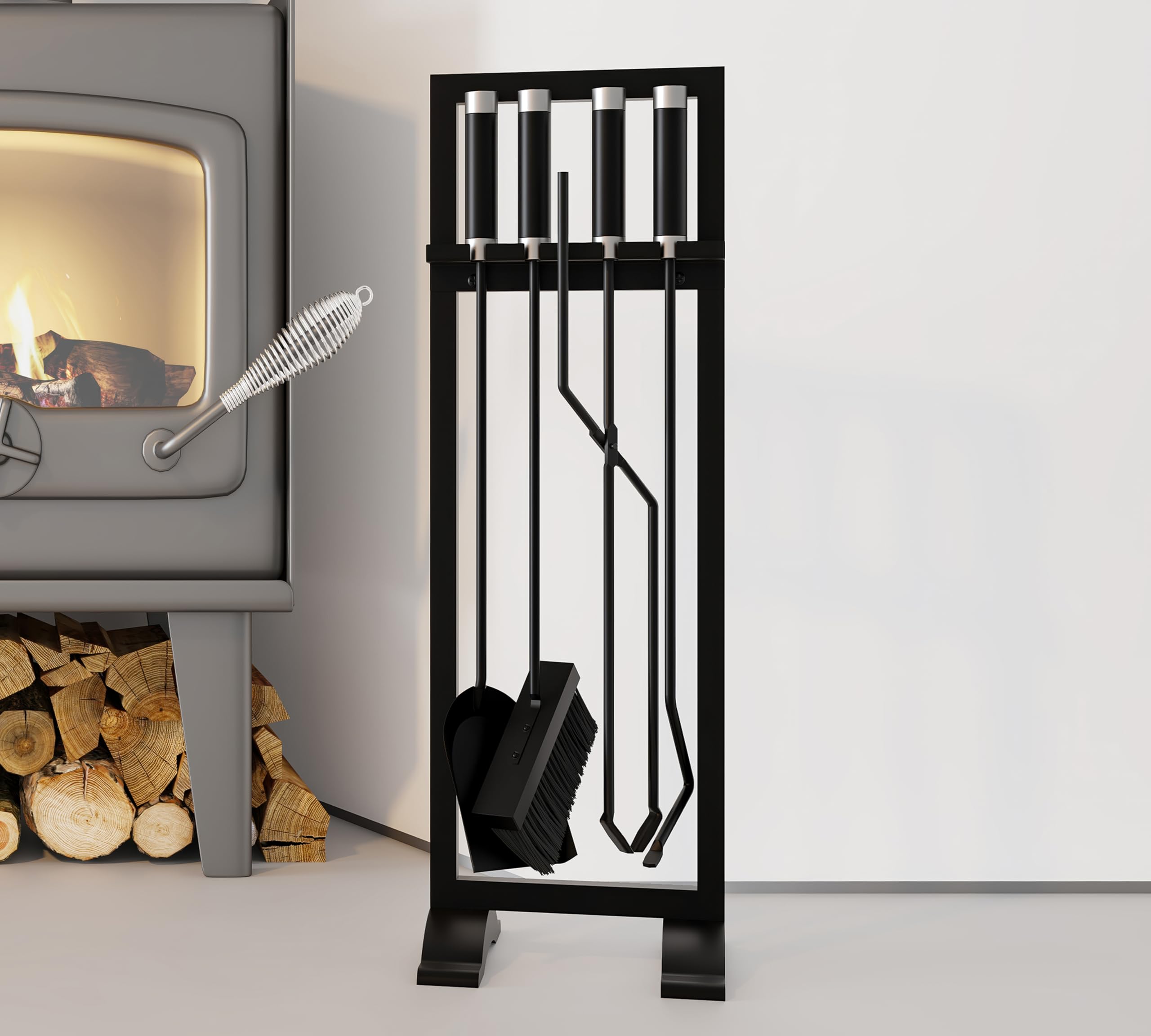 Kingson – Set di accessori per caminetto, 4 pezzi, include attizzatoio, pala, spazzola e pinze – 61 cm, attrezzi per focolare con manici in acciaio inossidabile e ferro – Supporto nero moderno