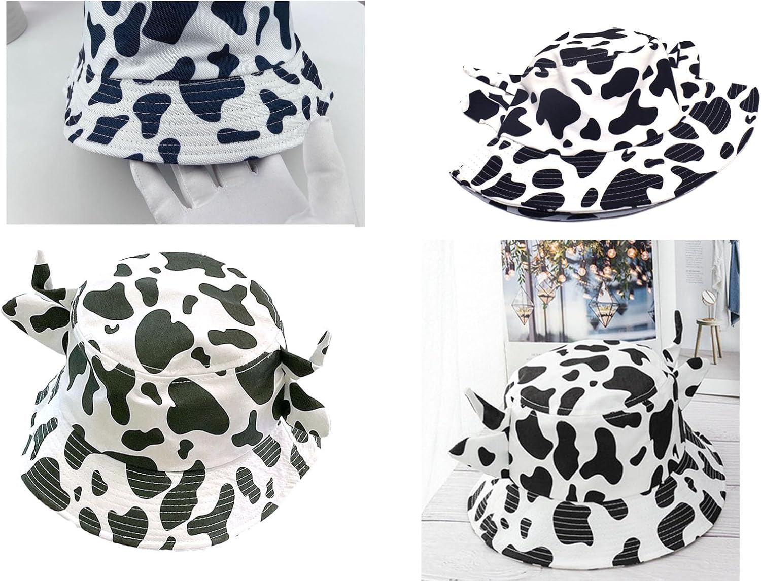 Cow Print Bucket Hat with Cute Horn Ears Beach Sun Hat Summer Travel Sun Protection Fisherman Hat Both Men and Women Black - Image 5