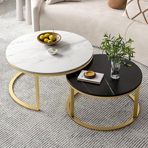 Mesa auxiliar anidable para sala de estar, mesa central redonda, juego de 2, mesas de centro modernas con parte superior de mármol sintético (blanco
