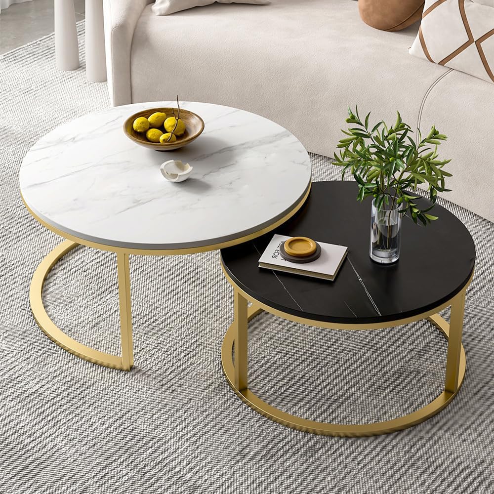 Photo 1 of Nesting Coffee Table for Living Room, Round Coffee Table Center Table Set of 2, Modern Coffee Tables with Faux Marble Top (White+Black)