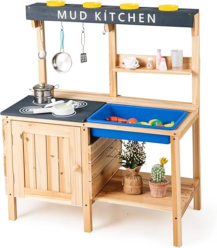 Miniatura 9 de HONEY JOY Cocina de barro, cocina de madera de cedro para niños pequeños, fregadero extraíble, accesorios de cocina, caja de maceta, armario de