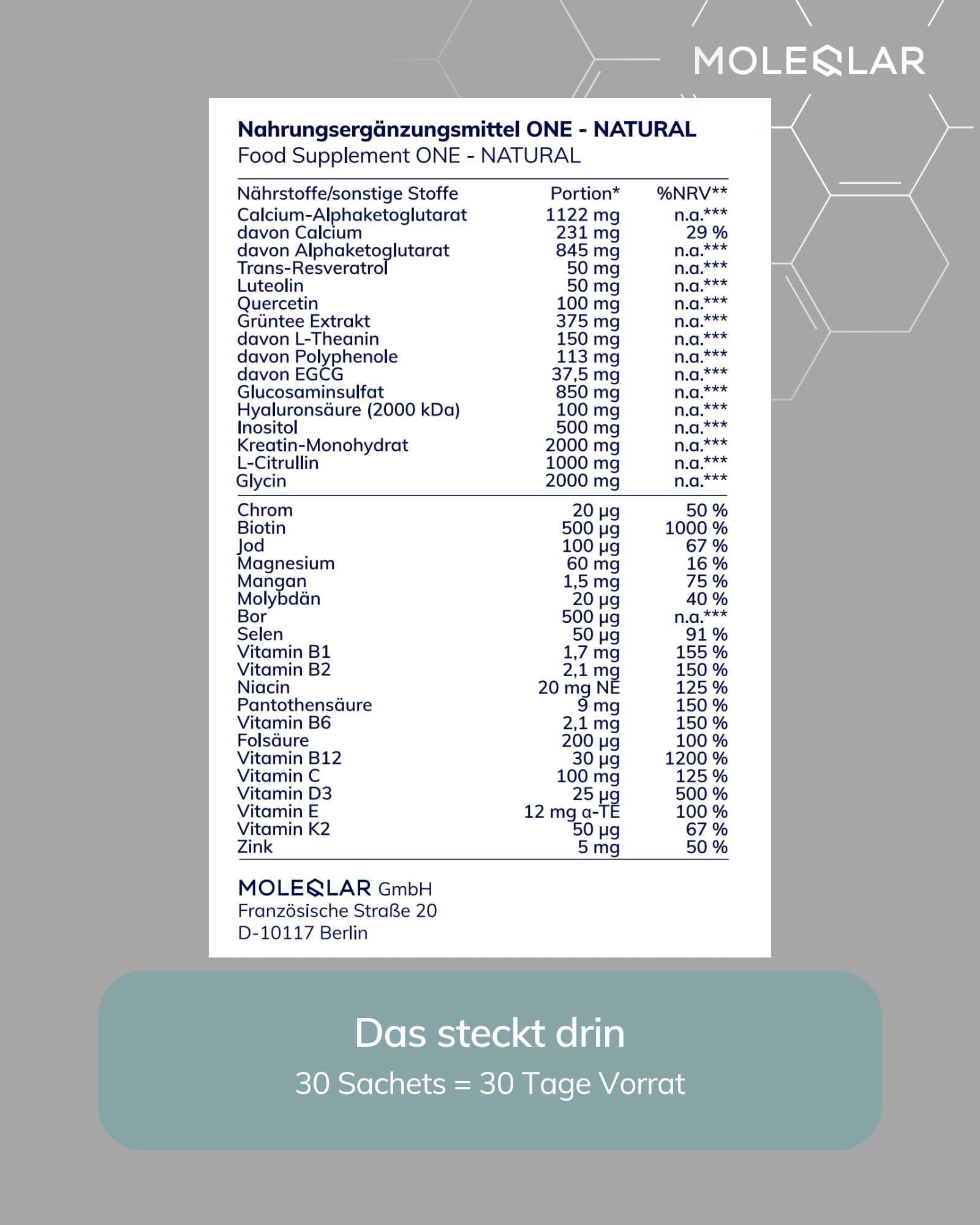 MoleQlar ONE Komplex 30 Sachets - All in ONE Foundational Formula - Supplement mit Longevity Molekülen, Vitaminen und Mineralstoffen - Zitrone, Natural, Matcha-Kokos (30 Sachets, Geschmacksneutral)