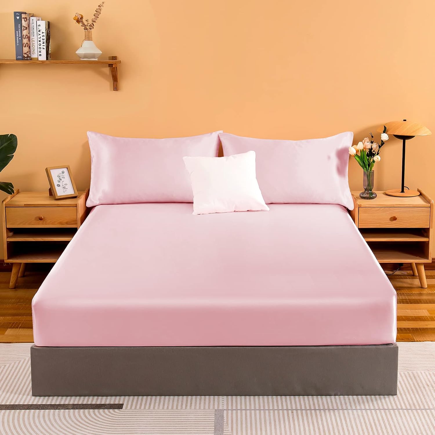 NSGZ Pink Satin Fitted Sheet Only, Silky Full Fitted Bed Sheet Soft Deep Pocket Single Bottom Bed Sheets, Wrinkle Free & Fade Resistant & Breathable Bedding Fitted Sheet Sold Separately