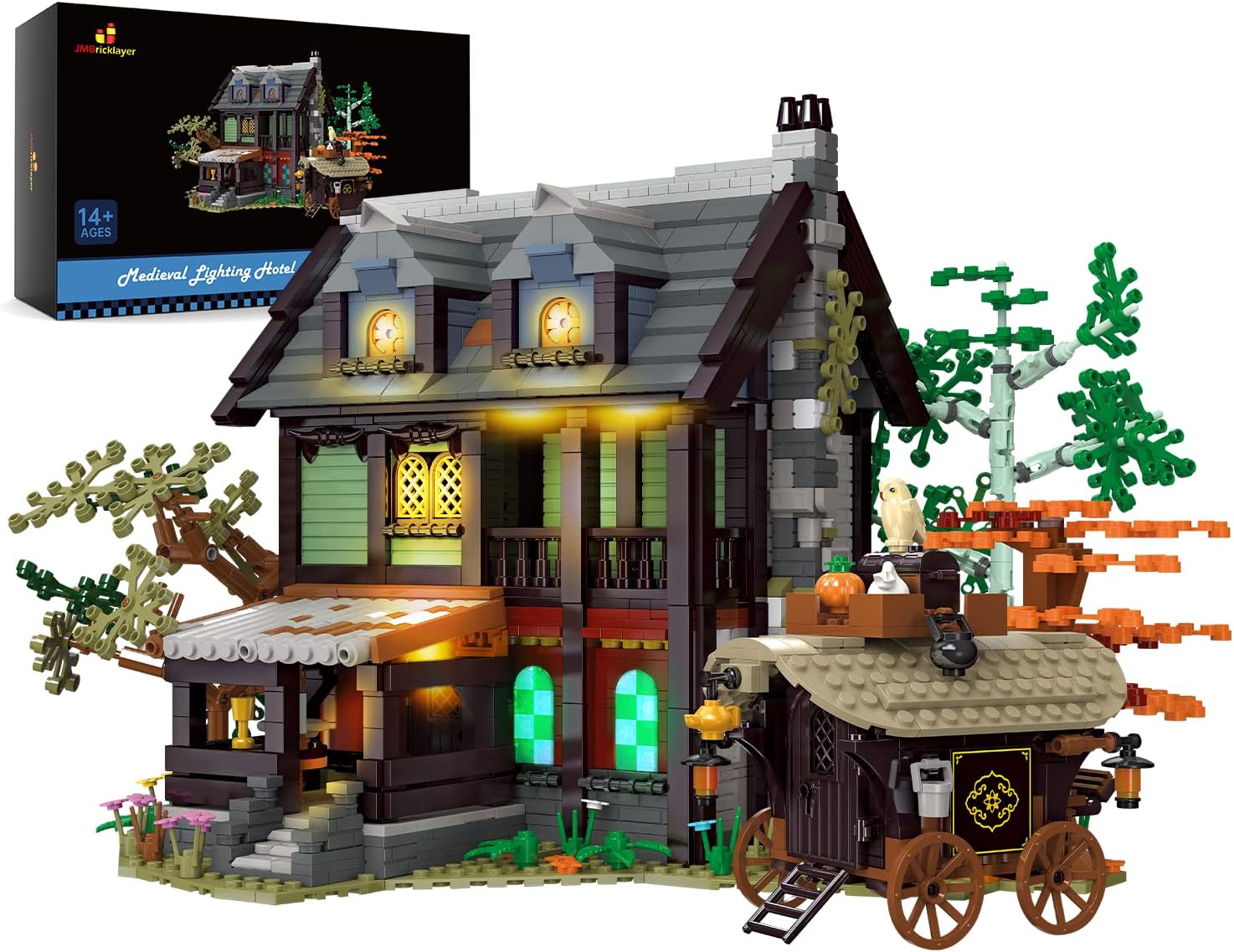 JMBricklayerMedieval Inn Building Blocks Sets 31103 - A Frame Cabin Hotel Castle with LED Lighting, Large MOC Medieval Street View Modular House Model, Ideas Gifts for Girls Boys Adults (2710Pieces)