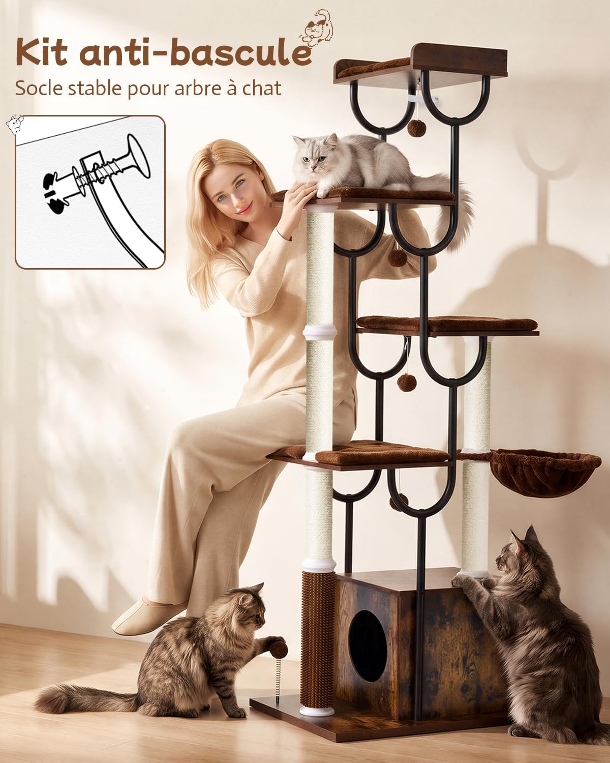 FourFurPets Arbre à Chat Bois 188 cm, Arbre à Chat avec Griffoir et 5 Poteaux Griffoir Chat, Tour Moderne avec Condo, Panier et Peigne de Massage pour Grands Chats, Stable et Design (Marron Rustique)
