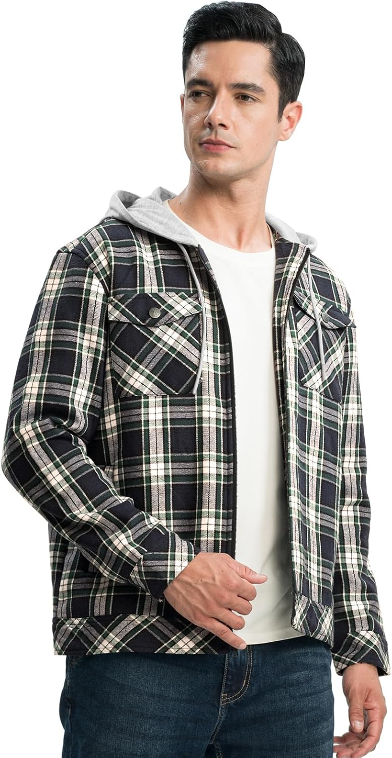 TBMPOY Men's Flannel Jacket Fleece Lined Plaid Sherpa Full Zip Winter Hoodie Warm Coat Long Sleeve Casual Zipper Pockets - Image 2