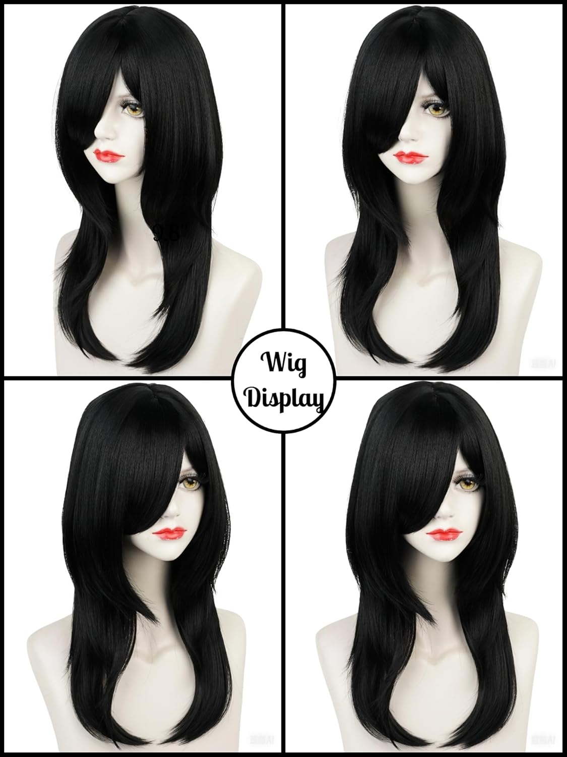 Half and Half Emo Costume Scene Wig Set Black Cosplay Anime Wig with Side Part Bangs 21.6'' Synthetic Hair for Women Halloween Party - Image 8