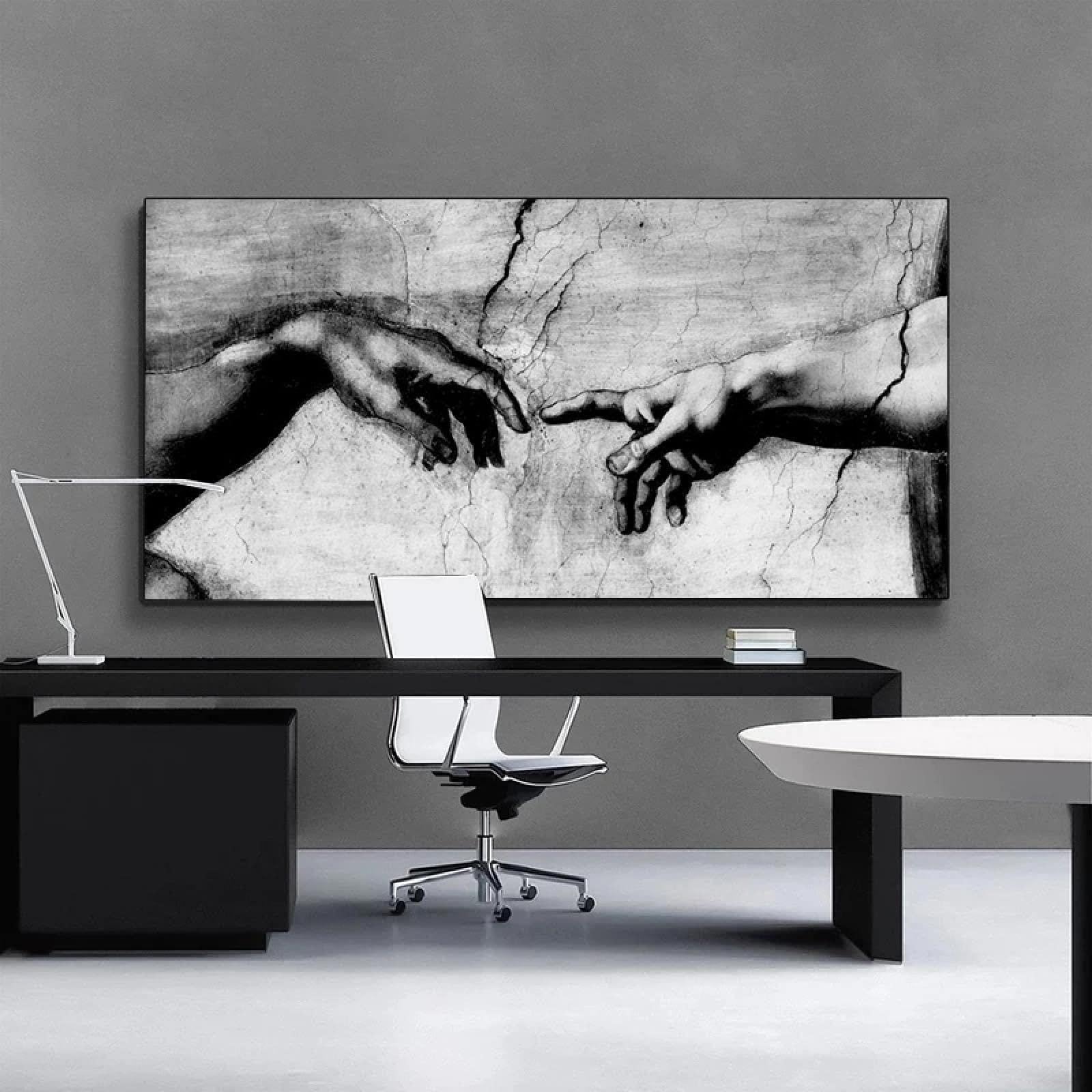 Pintura en lienzo en blanco y negro de la creación de Adán, obra de arte de la mano de Dios, impresión artística para pared, decoración de sala de estar, 70 x 140 cm (28 x 55 pulgadas), sin marco.