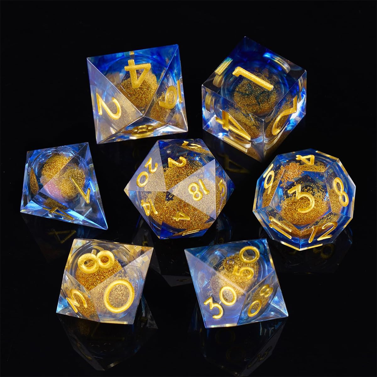 Sarini 7-teiliges Würfelset mit Flüssigkern und Kunstharz,scharfe Kanten,polyedrische DND-Würfel für Dungeons and Dragons,RPG,MTG-Tischspiele (Goldblau) - Image 3