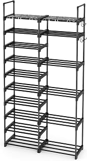 ROJASOP Shoe Rack Organizer, 10-Tier Metal Shoe Rack for Closet Entryway Garage, 32-36 Pairs Tall Shoe Boot Storage Shelf with Hooks, Stackable Large Shoe Stand, Black