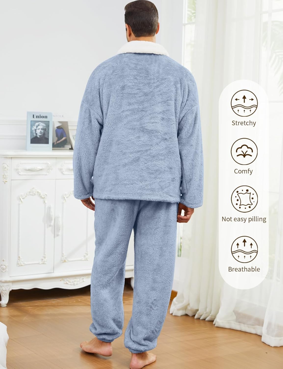 Gihuo Mens Fleece Pajamas Set Winter Warm Pjs for Men Flannel Loungewear Fluffy Sleepwear Sets - Image 5