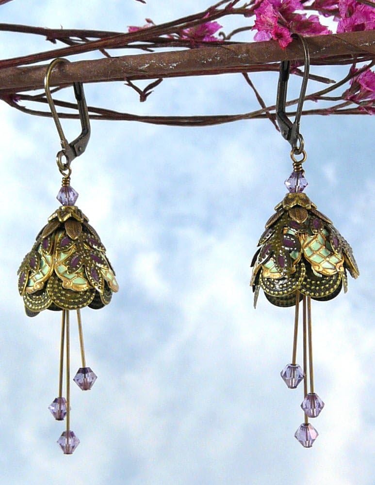 Fairy Flower Brass Leverback Dangle Earrings - Italian Courtesan, 2.5"
