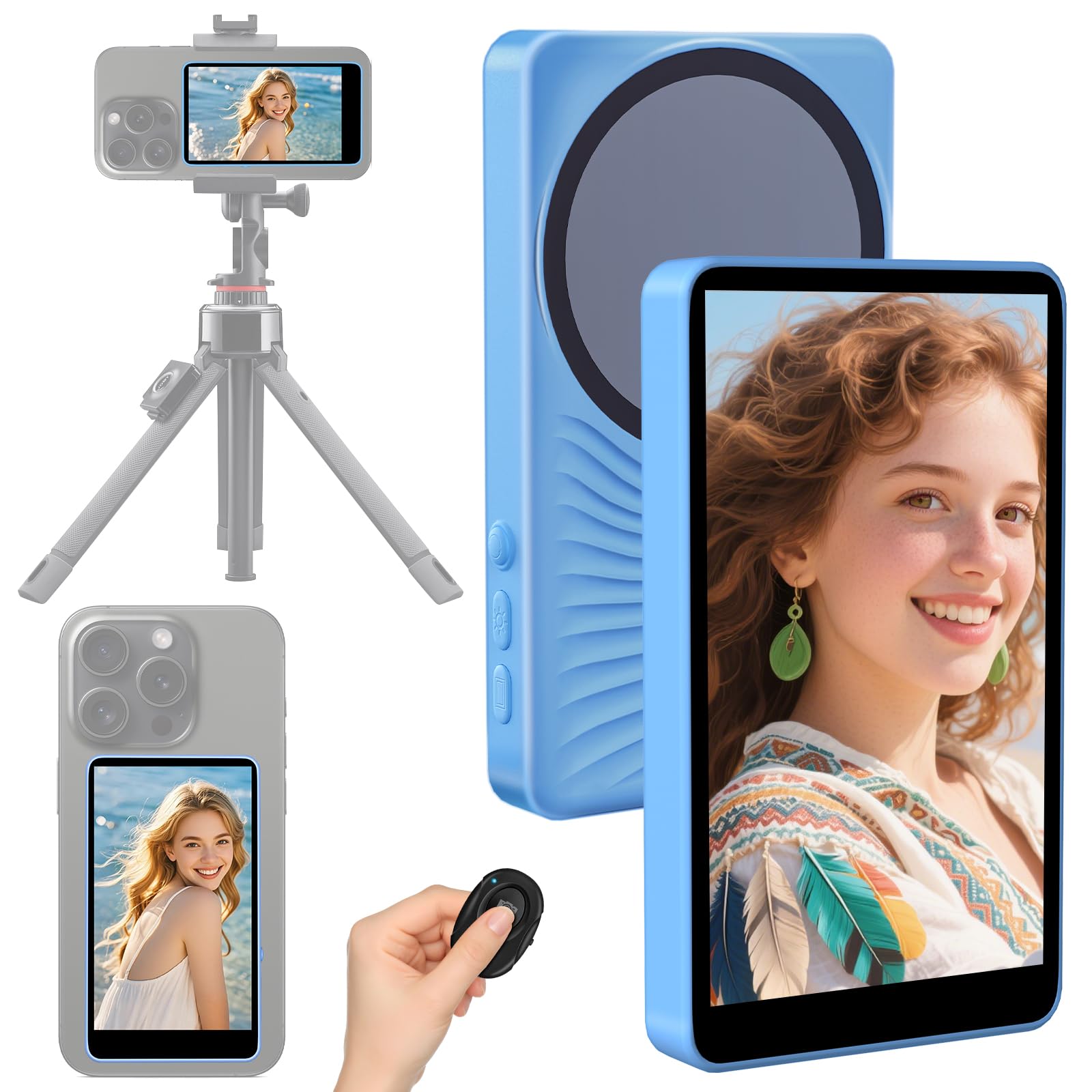 Écran de Moniteur Selfie pour Téléphone, 3 Niveaux de Luminosité, Télécommande Bluetooth 4K 60 fps, écran de Caméra Arrière pour Selfie/Vlog/LiveStream TK, Compatible avec iPhone et Android (Bleu)