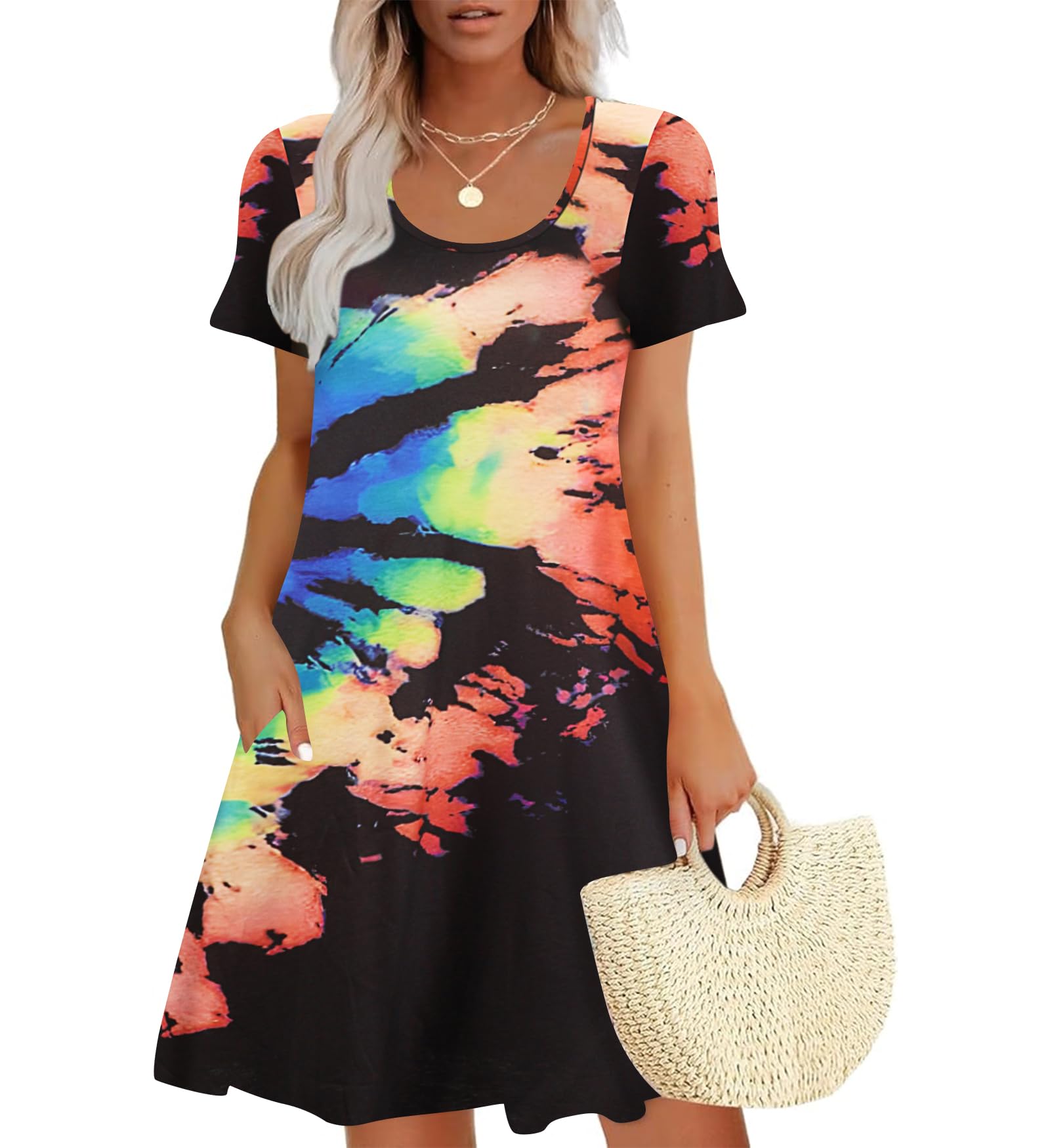 Sherosa Women's Summer Dresses 2026 Beach Boho Floral Sundress Short Sleeve Loose Casual Tshirt Dress with Pockets