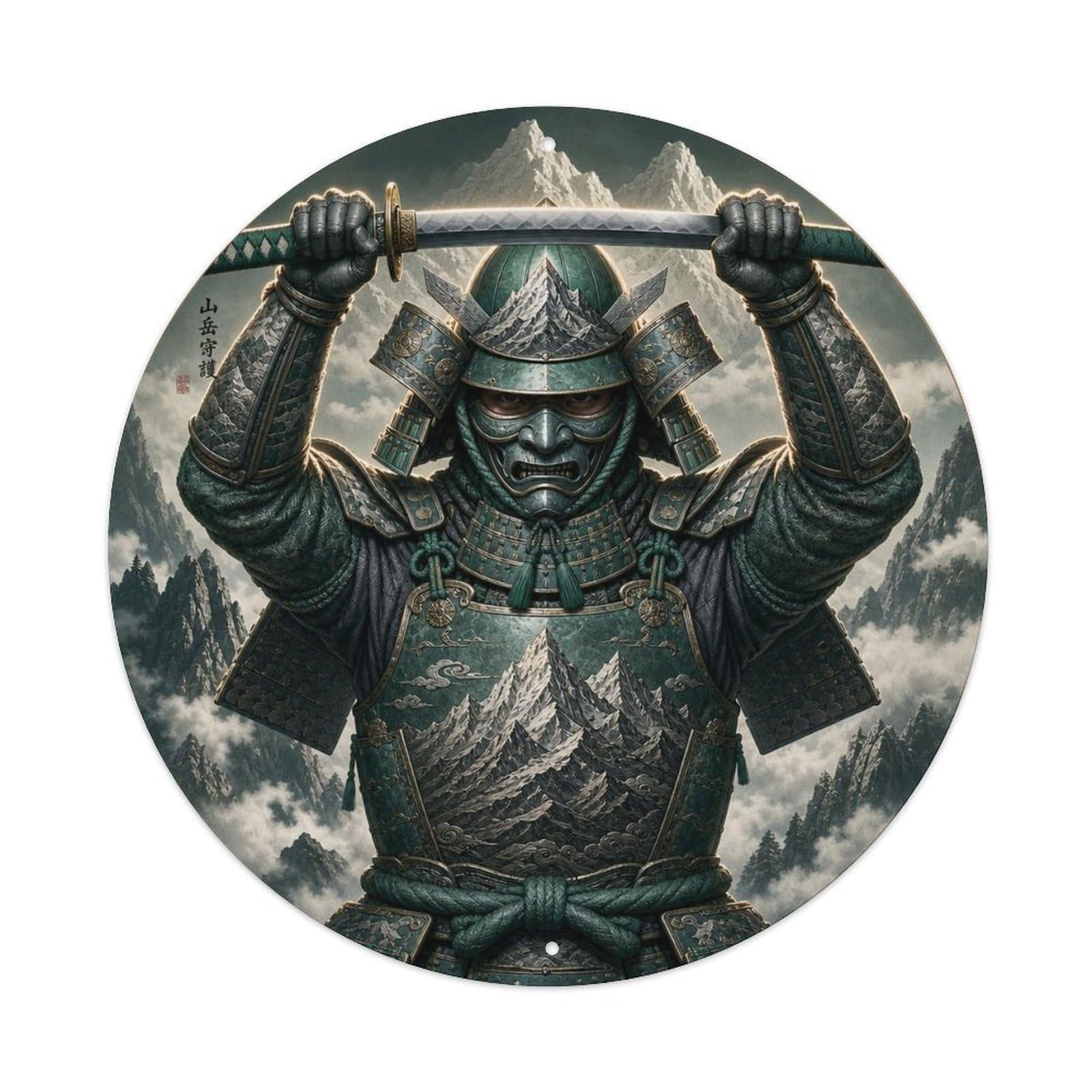 Okngb Style Moonlit Jade Mountain Overhead Guard Hold Katana Badge Metal Tin Sign Plaque Wall Decor For Cafe, Man Cave, Club Bar, Office, Home Garden Round Metal Poster 8X8inch