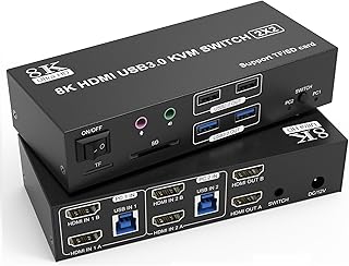 8K HDMI KVM Switch 2 Monitors 2 Computers Dual Monitor Support 8K@60Hz 4K@120Hz KVM Switcher for 2 Computers Share 2 Monitor, 4 USB Devices, Audio Microphone and SD TF Card, DC 12…